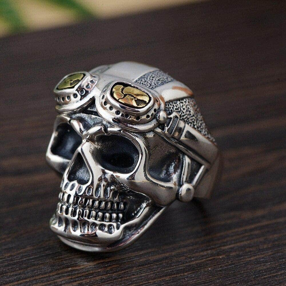 Bague Biker - Crâne Casqué (Argent) - Mr. Biker